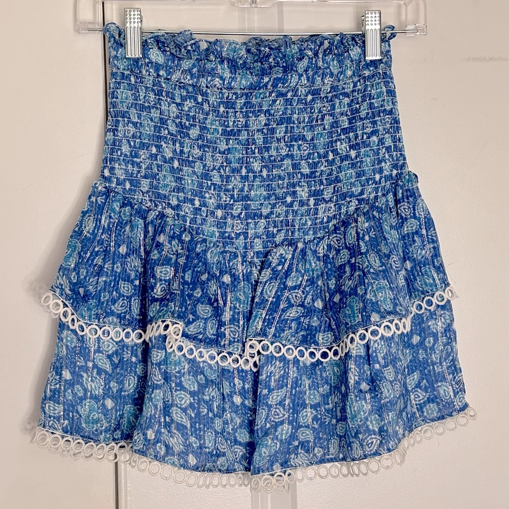 Hemant & Nandita Smocked Tiered Blue Paisley Metallic Stripe Mini Skirt P/XS